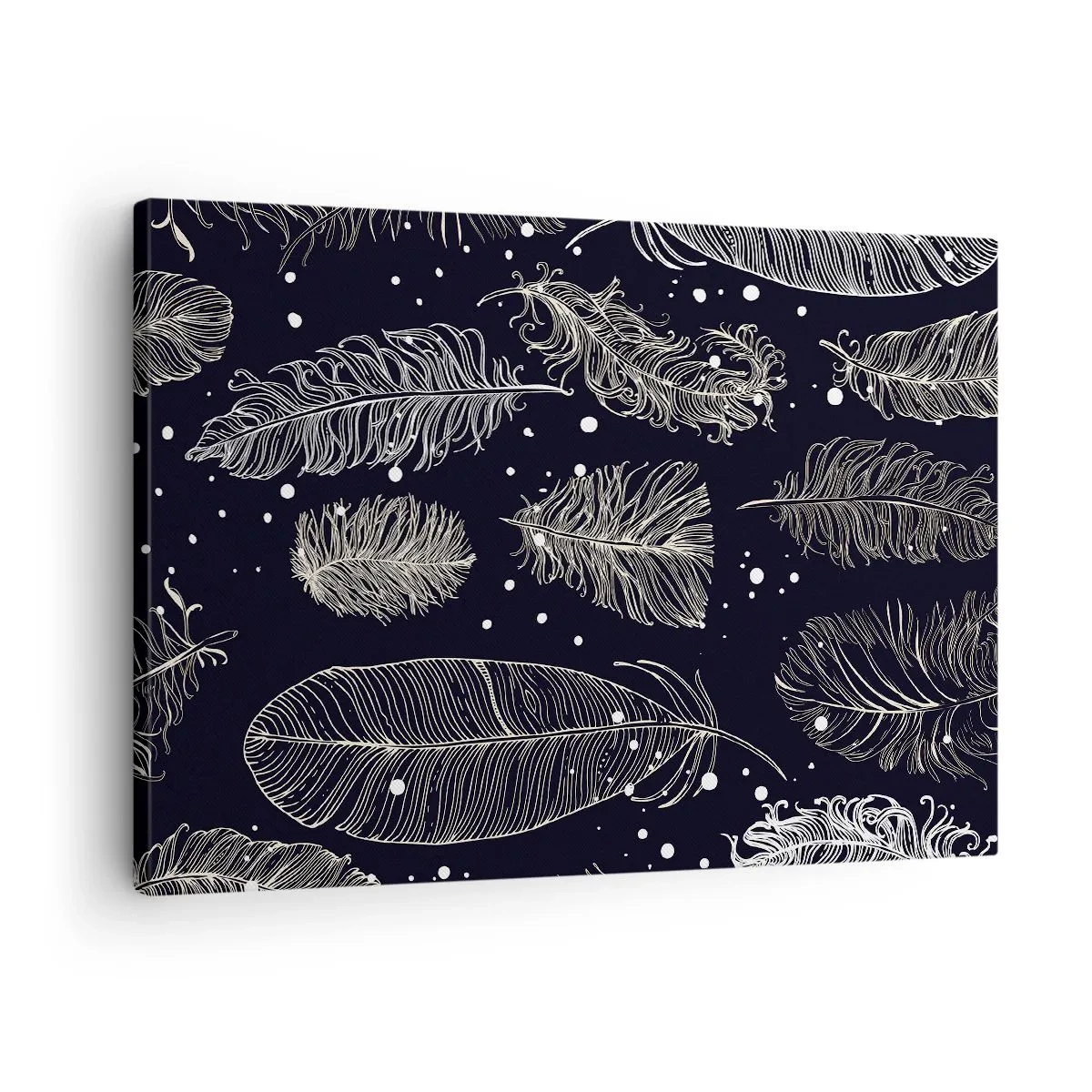 Quadro em tela - Penas brancas delicadas sobre fundo azul marinho - 70x50cm - Rendas de penas - Decoração de parede moderna para a sala de estar e quarto ARTTOR
