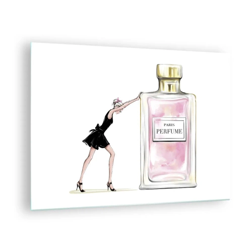 Quadro em vidro - Uma mulher de vestido preto ao lado de um grande frasco de perfume - 70x50cm - A essência da feminilidade - Decoração de parede moderna para a sala de estar e quarto ARTTOR