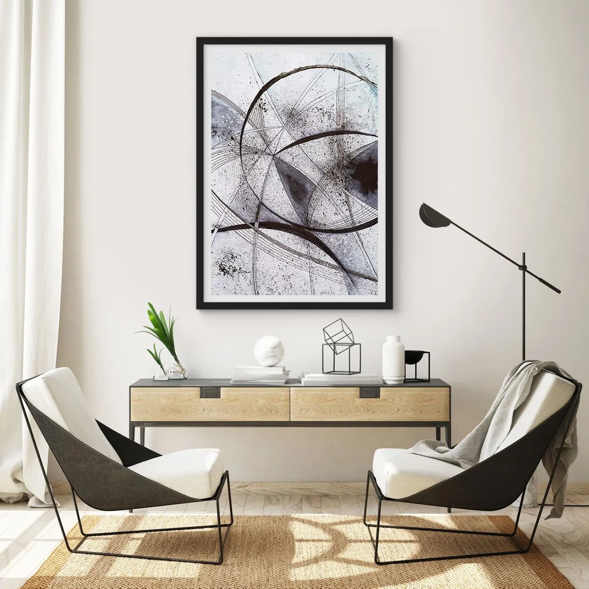 Pôster com moldura preta - Composição abstrata de linhas geométricas e círculos - 50x70cm - Fantasia futurista - Decoração de parede moderna para a sala de estar e quarto ARTTOR