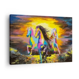 Quadro em tela - Cavalos coloridos galopando contra o pano de fundo do pôr do sol - 70x50cm - Imersos no arco-íris - Decoração de parede moderna para a sala de estar e quarto ARTTOR