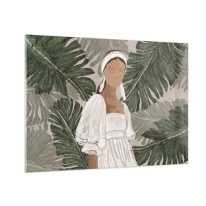 Quadro em vidro - Uma mulher de vestido branco sobre um fundo de folhas tropicais verdes. - 70x50cm - Retrato exótico - Decoração de parede moderna para a sala de estar e quarto ARTTOR
