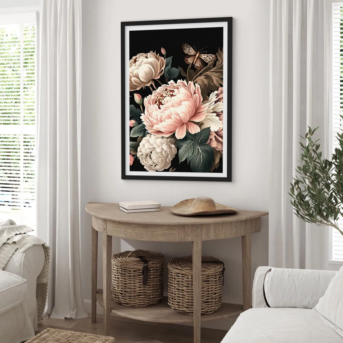 Pôster com moldura preta - Peônias elegantes e uma borboleta em um fundo preto - 50x70cm - Em estilo barroco - Decoração de parede moderna para a sala de estar e quarto ARTTOR