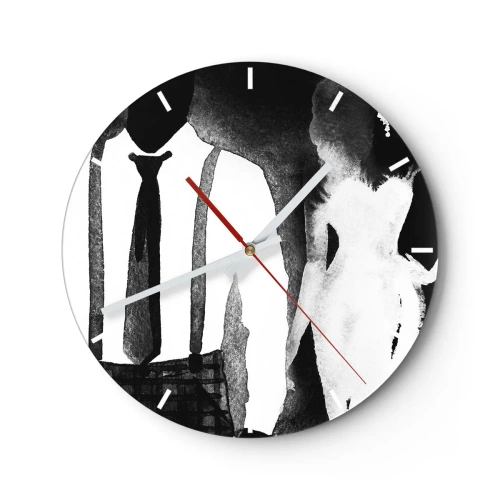 Relógio de parede - Relógio em vidro - Silhuetas de uma mulher e um homem em uma atmosfera noir em preto e branco - 30x30cm - Num clima noir - Decoração de parede moderna para a sala de estar, cozinha e quarto ARTTOR