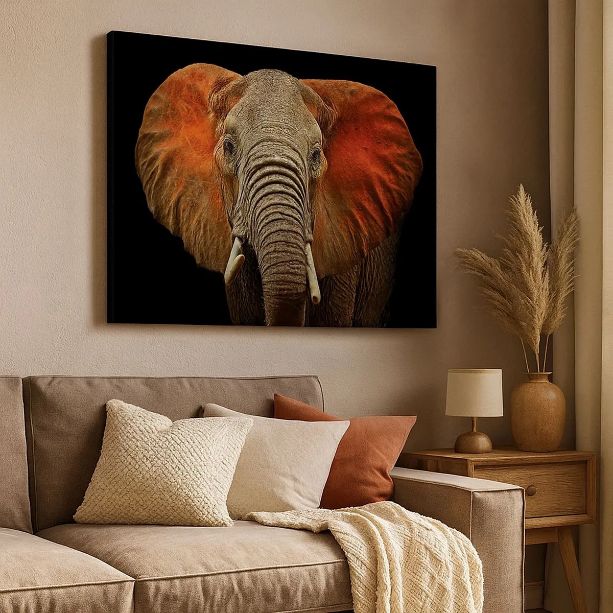 Quadro em tela - Retrato de um elefante em um fundo preto - 70x50cm - Eu sou selvagem, e você? - Decoração de parede moderna para a sala de estar e quarto ARTTOR