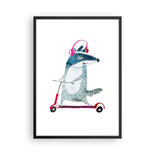 Pôster com moldura preta - Ilustração de um texugo em uma scooter usando fones de ouvido rosa - 50x70cm - A alegria do texugo - Decoração de parede moderna para a sala de estar e quarto ARTTOR