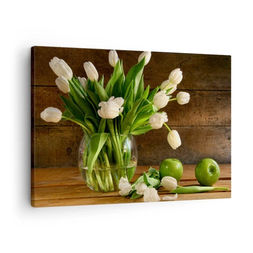 Quadro em tela - Um buquê de tulipas brancas em um vaso de vidro com maçãs verdes - 70x50cm - Suculentas e frescas em verde e branco - Decoração de parede moderna para a sala de estar e quarto ARTTOR