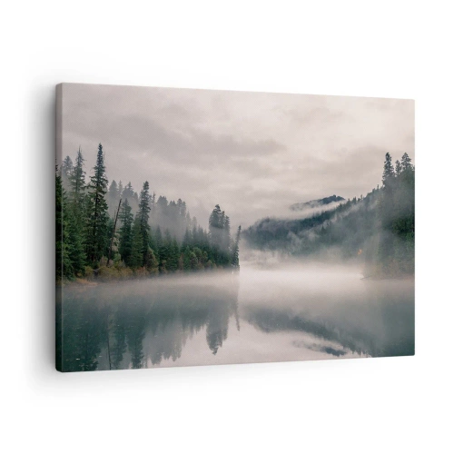Quadro em tela - Uma floresta enevoada refletida em um lago calmo - 70x50cm - Em devaneio, na névoa - Decoração de parede moderna para a sala de estar e quarto ARTTOR