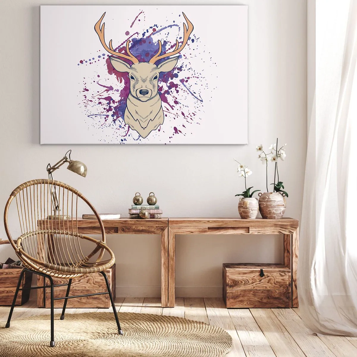 Quadro em tela - Retrato de um cervo com manchas abstratas no fundo - 70x50cm - Coragem e equilíbrio - Decoração de parede moderna para a sala de estar e quarto ARTTOR