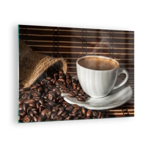 Quadro em vidro - Uma xícara de café com grãos em um fundo rústico - 70x50cm - A escuridão do carvão, a transparência do âmbar - Decoração de parede moderna para a sala de estar e quarto ARTTOR
