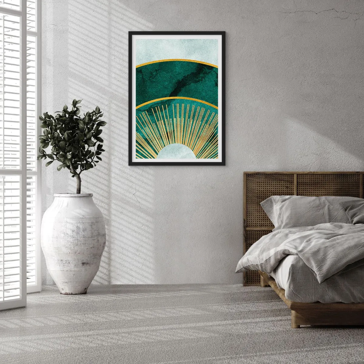 Pôster com moldura preta - Uma elegante composição geométrica em tons de verde e dourado - 50x70cm - Outro sistema solar - Decoração de parede moderna para a sala de estar e quarto ARTTOR
