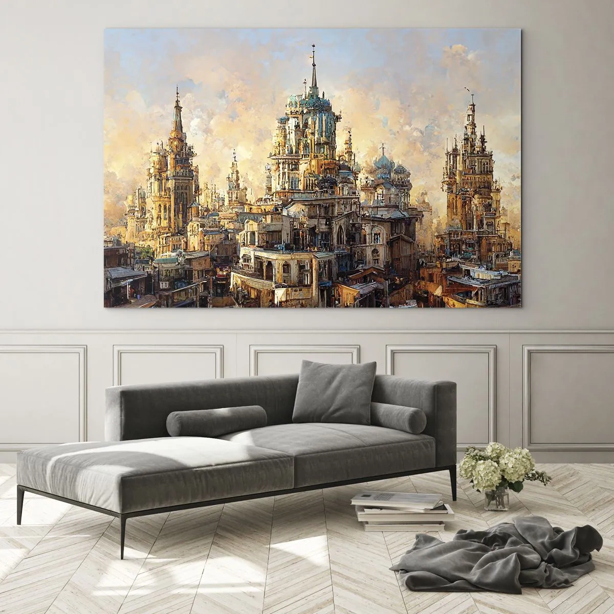 Quadro em vidro - Um panorama fantástico da cidade com torres e palácios - 70x50cm - Cidade das cidades - Decoração de parede moderna para a sala de estar e quarto ARTTOR