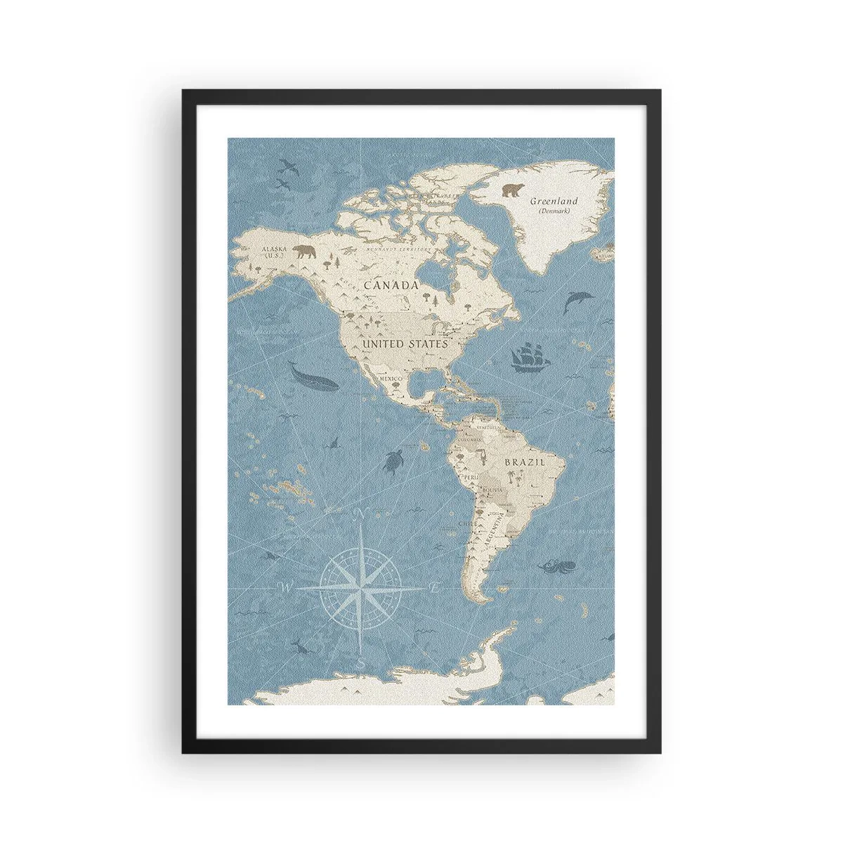 Pôster com moldura preta - Mapa estilizado da América do Norte e do Sul - 50x70cm - O mundo ao seu alcance - Decoração de parede moderna para a sala de estar e quarto ARTTOR