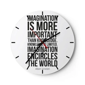 Relógio de parede - Relógio em vidro - Citação inspiradora de Albert Einstein - 30x30cm - Einstein sobre o poder da imaginação - Decoração de parede moderna para a sala de estar, cozinha e quarto ARTTOR