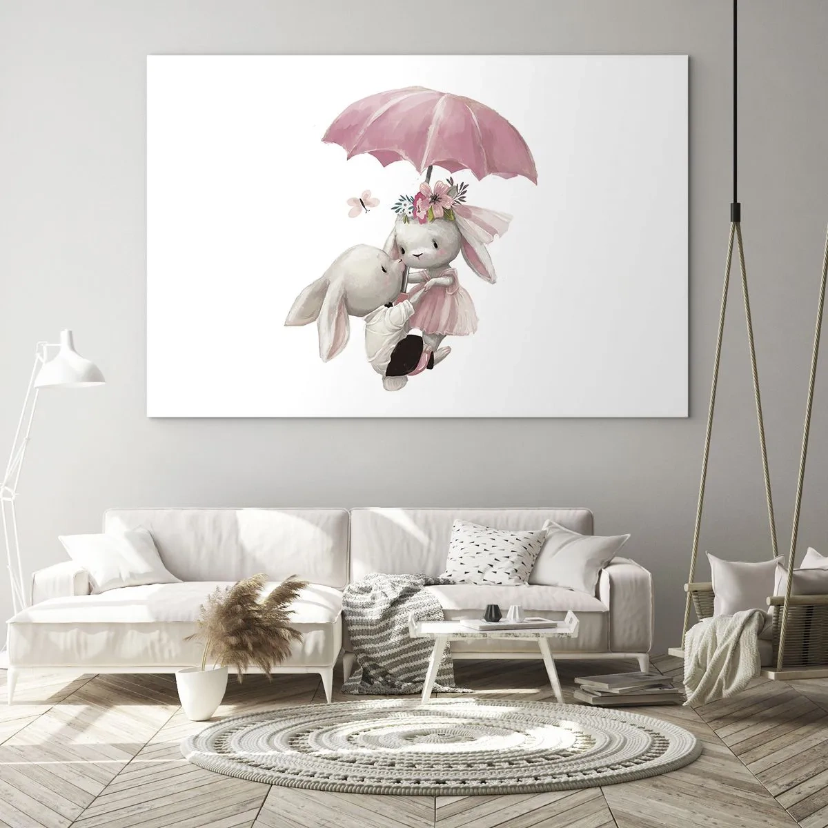 Quadro em vidro - Dois coelhos sob um guarda-chuva rosa em uma cena romântica - 70x50cm - Isso é amor - Decoração de parede moderna para a sala de estar e quarto ARTTOR