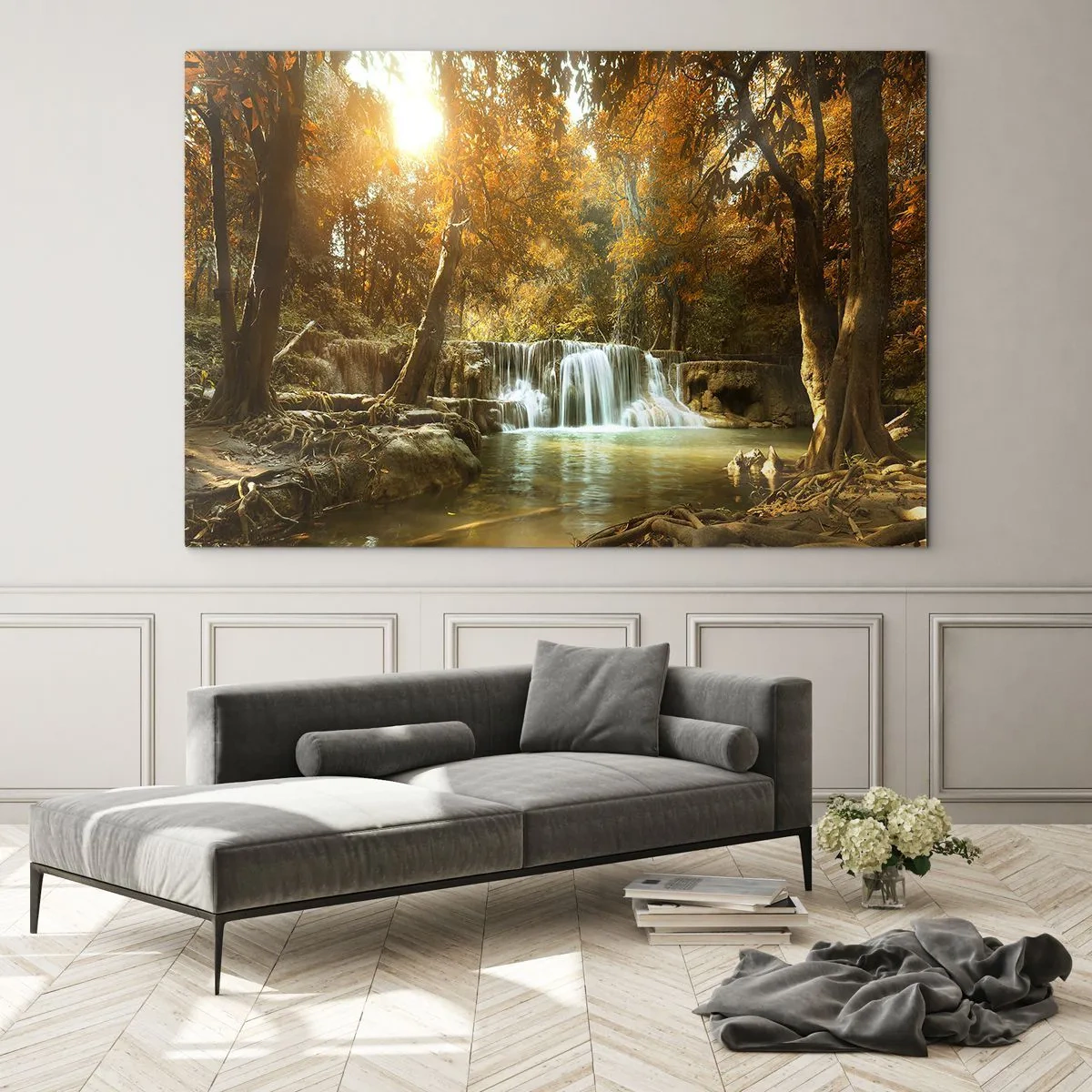 Quadro em vidro - Uma cachoeira em um parque cercado por árvores em cores de outono - 70x50cm - A cascata do parque - Decoração de parede moderna para a sala de estar e quarto ARTTOR