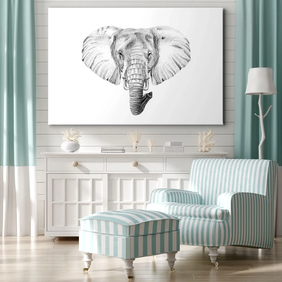 Quadro em tela - Desenho em preto e branco de uma cabeça de elefante sobre fundo branco - 70x50cm - Havia um elefante, grande como um elefante - Decoração de parede moderna para a sala de estar e quarto ARTTOR