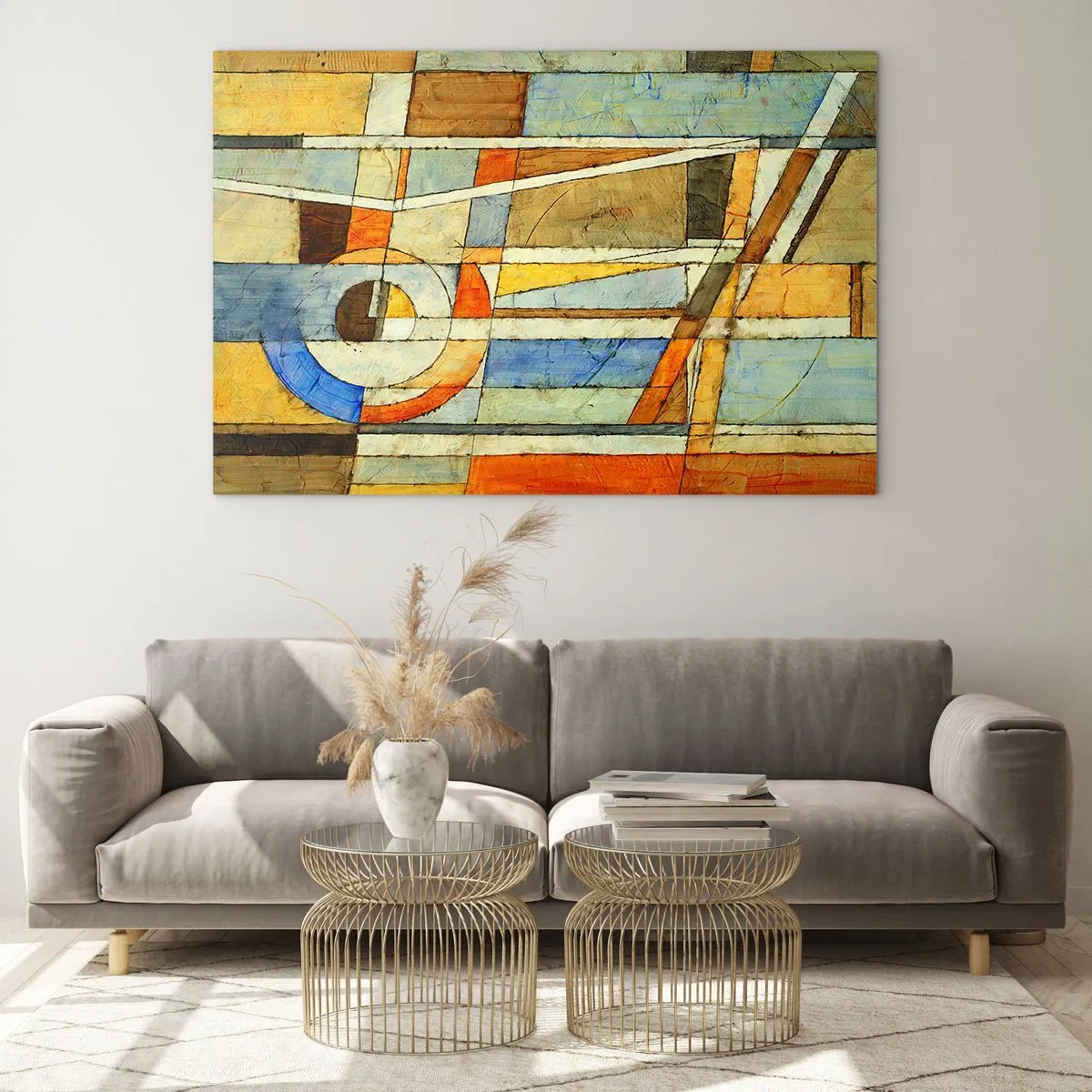 Quadro em vidro - Uma composição abstrata com padrões geométricos e cores quentes. - 70x50cm - Cubismo em construção - Decoração de parede moderna para a sala de estar e quarto ARTTOR