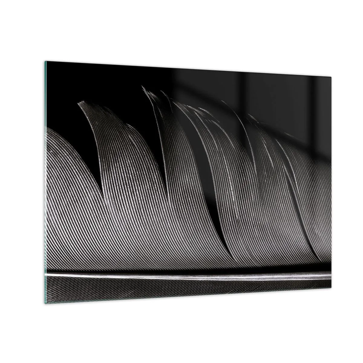 Quadro em vidro - Um close em preto e branco de uma pena mostrada contra uma luz contrastante. - 70x50cm - A caneta – um design maravilhoso - Decoração de parede moderna para a sala de estar e quarto ARTTOR