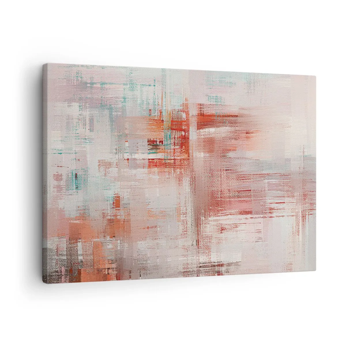 Quadro em tela - Uma composição abstrata com tons de vermelho e cores pastéis. - 70x50cm - Nebuloso. Mas rosa - Decoração de parede moderna para a sala de estar e quarto ARTTOR