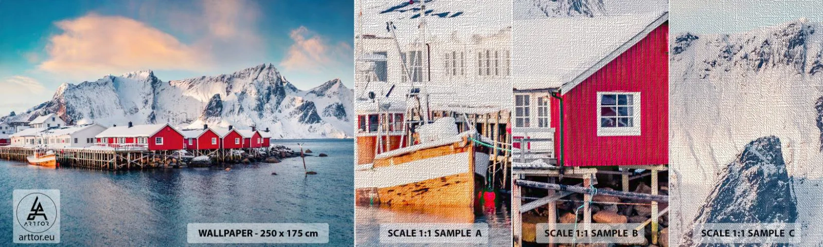 Amostra de papel de parede Premium Canvas - Refpugio do Norte - Paisagem, Noruega, Lofoten - 100x30 cm