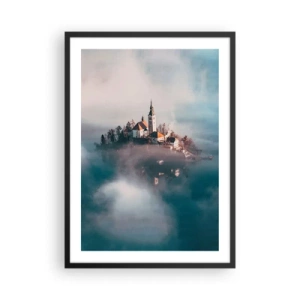 Pôster com moldura preta - Uma igreja em uma ilha cercada por neblina e água - 50x70cm - A ilha dos Sonhos - Decoração de parede moderna para a sala de estar e quarto ARTTOR