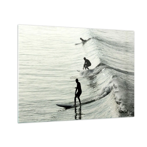 Quadro em vidro - Três surfistas surfando nas ondas pela manhã - 70x50cm - Para conhecer a onda - Decoração de parede moderna para a sala de estar e quarto ARTTOR