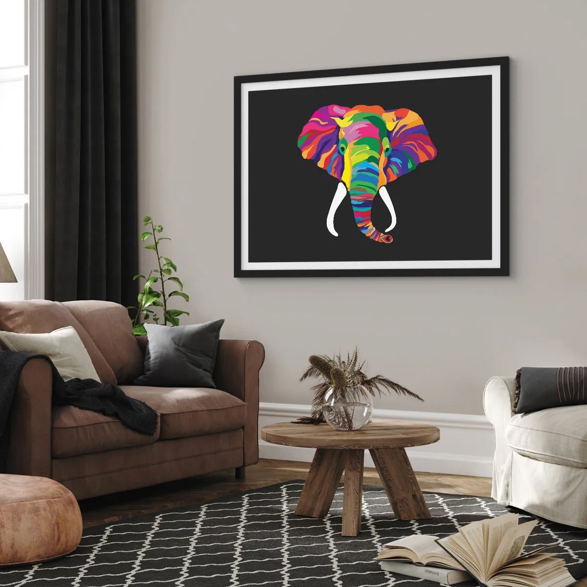 Pôster com moldura preta - O elefante que adorava banhar-se no arco-íris - 100x70 cm