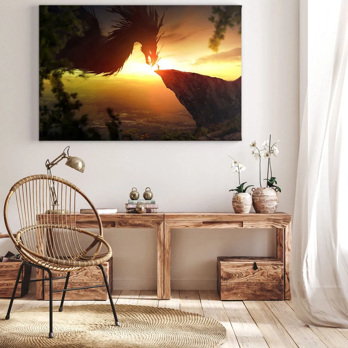 Quadro em tela - Um dragão e um homem em uma rocha sob o brilho do sol poente - 70x50cm - O matador de dragões - Decoração de parede moderna para a sala de estar e quarto ARTTOR