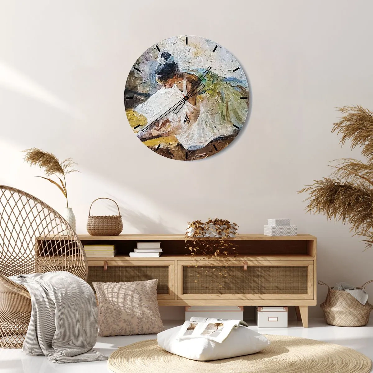 Relógio de parede - Relógio em vidro - Uma bailarina de vestido branco retratada em estilo impressionista. - 30x30cm - Do quadro de Degas - Decoração de parede moderna para a sala de estar, cozinha e quarto ARTTOR