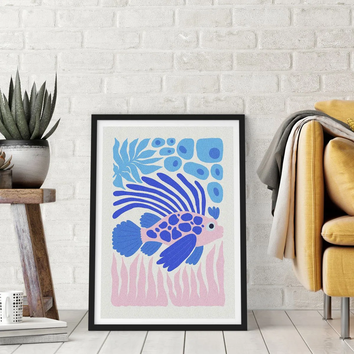 Pôster com moldura preta - Peixes exóticos estilizados em um ambiente subaquático - 50x70cm - Em seu elemento - Decoração de parede moderna para a sala de estar e quarto ARTTOR