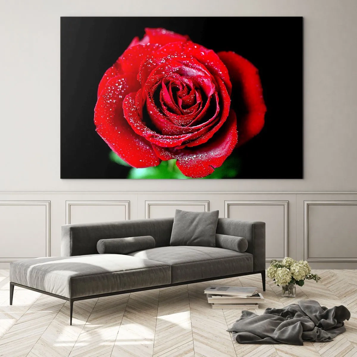Quadro em vidro - Uma rosa vermelha coberta com gotas de orvalho em um fundo escuro - 70x50cm - Isso é amor - Decoração de parede moderna para a sala de estar e quarto ARTTOR