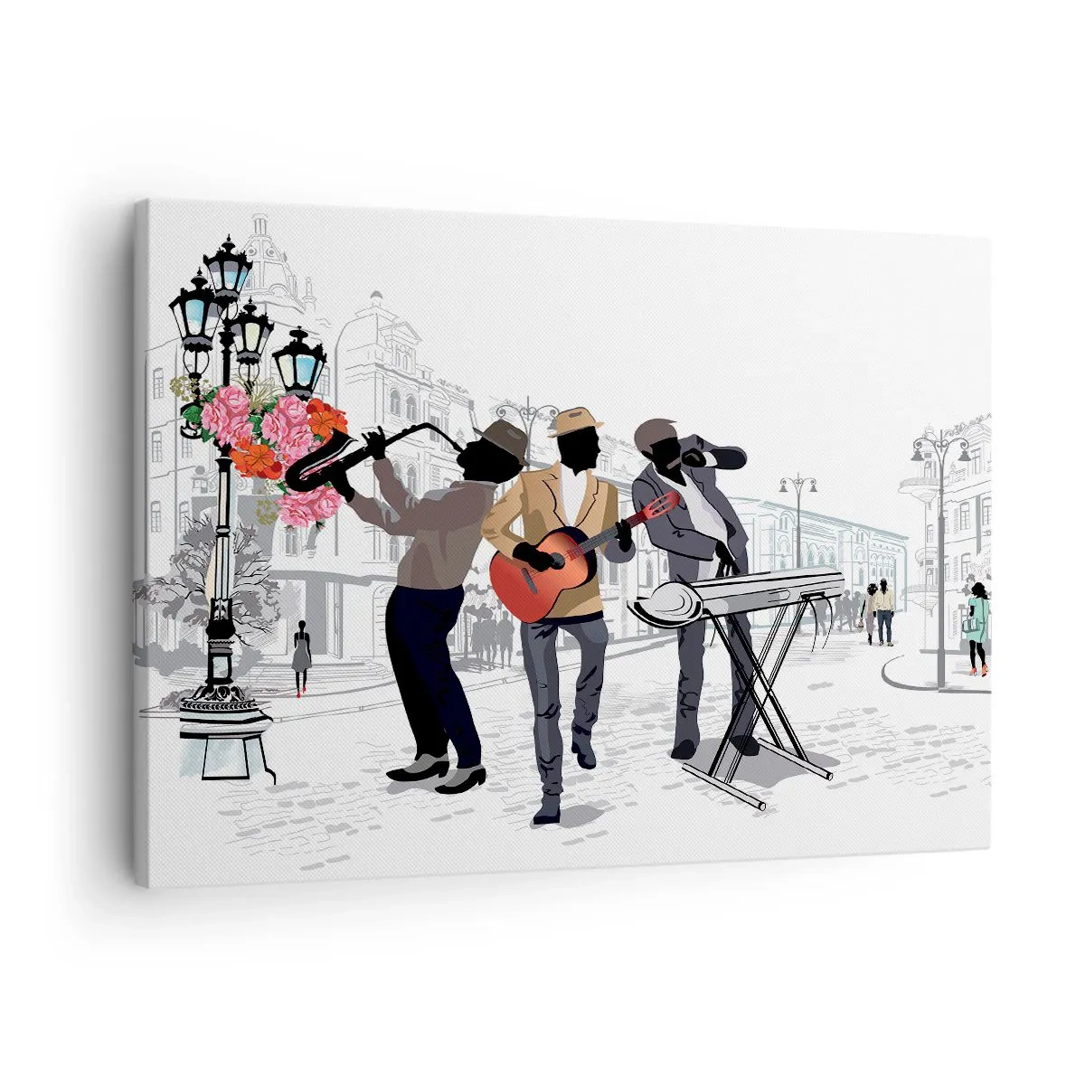 Quadro em tela - Músicos de rua tocando tendo como pano de fundo uma paisagem urbana - 70x50cm - Música de rua - Decoração de parede moderna para a sala de estar e quarto ARTTOR