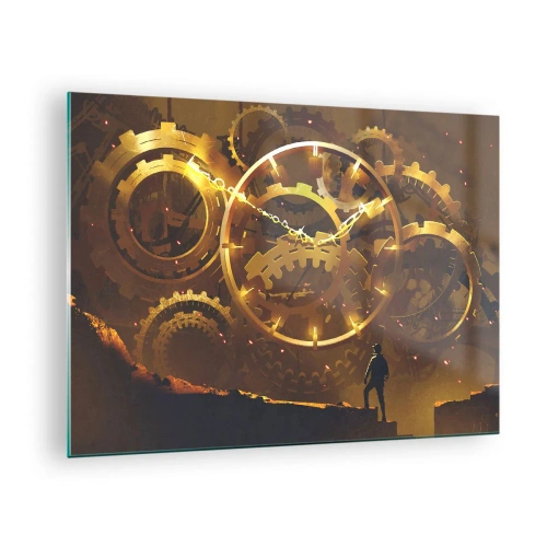 Quadro em vidro - Engrenagens steampunk douradas com retroiluminação contra uma silhueta humana - 70x50cm - Na origem do tempo - Decoração de parede moderna para a sala de estar e quarto ARTTOR