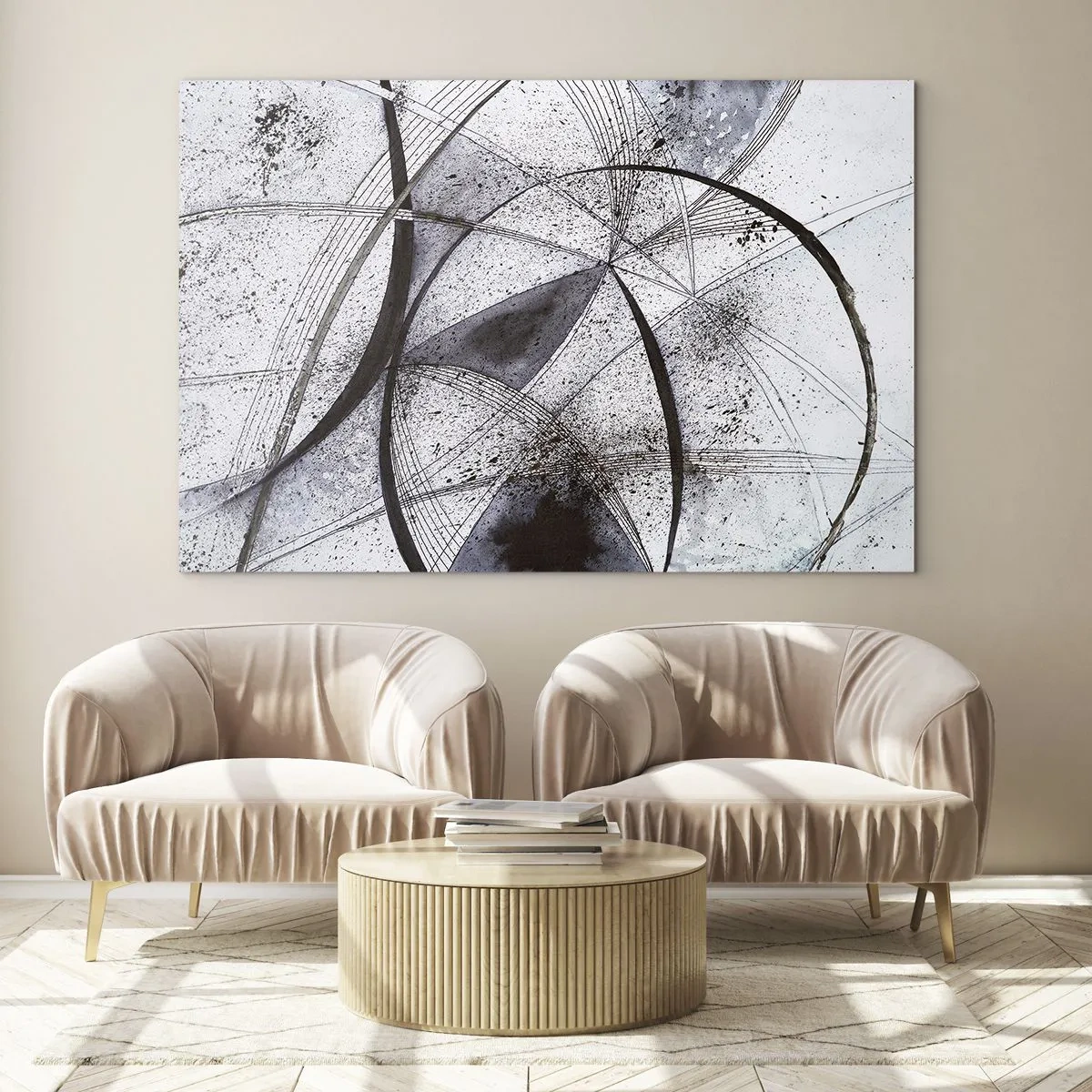 Quadro em vidro - Uma composição em preto e branco de linhas que se cruzam e arcos geométricos. - 70x50cm - Fantasia futurista - Decoração de parede moderna para a sala de estar e quarto ARTTOR
