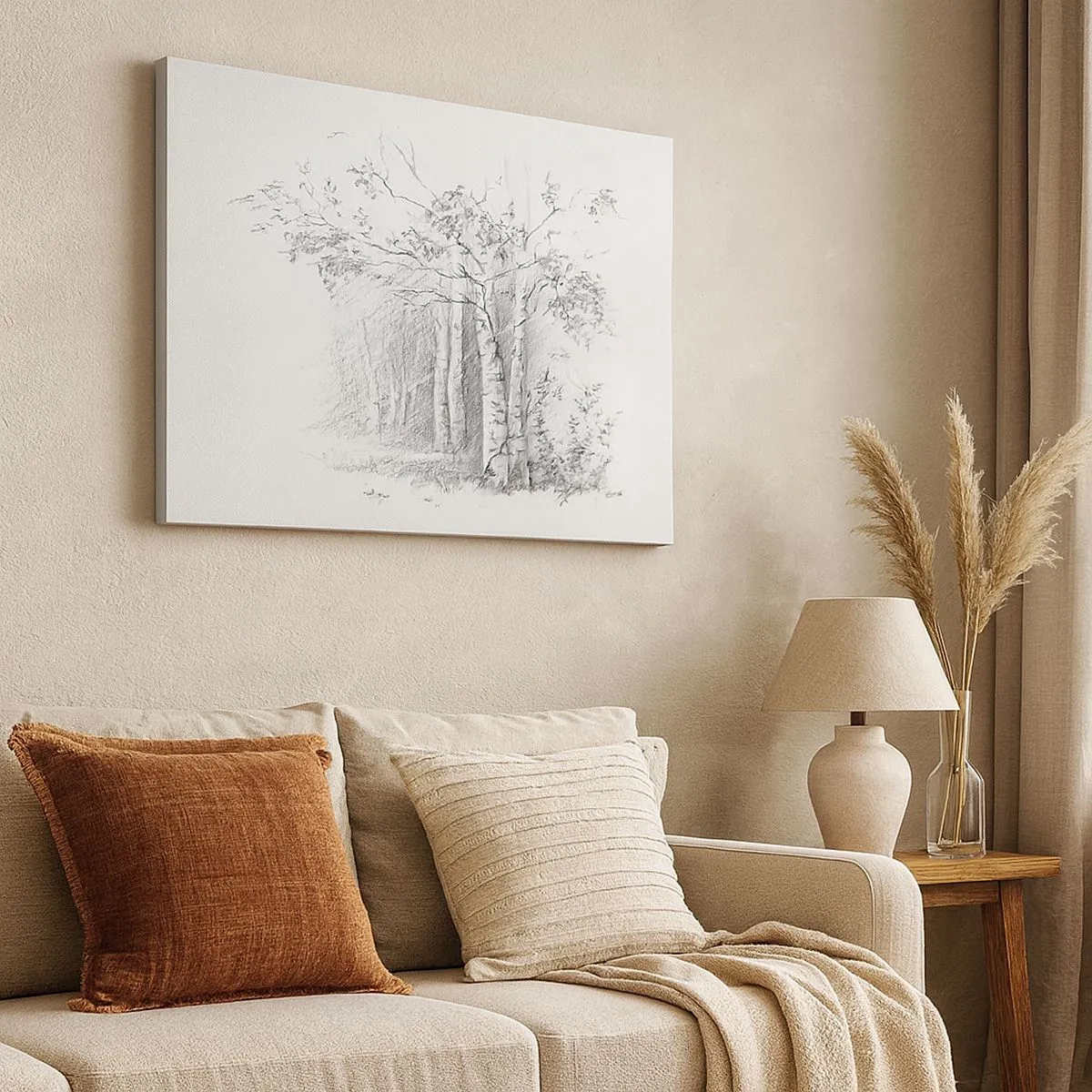Quadro em tela - Um desenho de uma floresta de bétulas em um sutil esboço a lápis - 70x50cm - Luz da floresta de bétulas - Decoração de parede moderna para a sala de estar e quarto ARTTOR