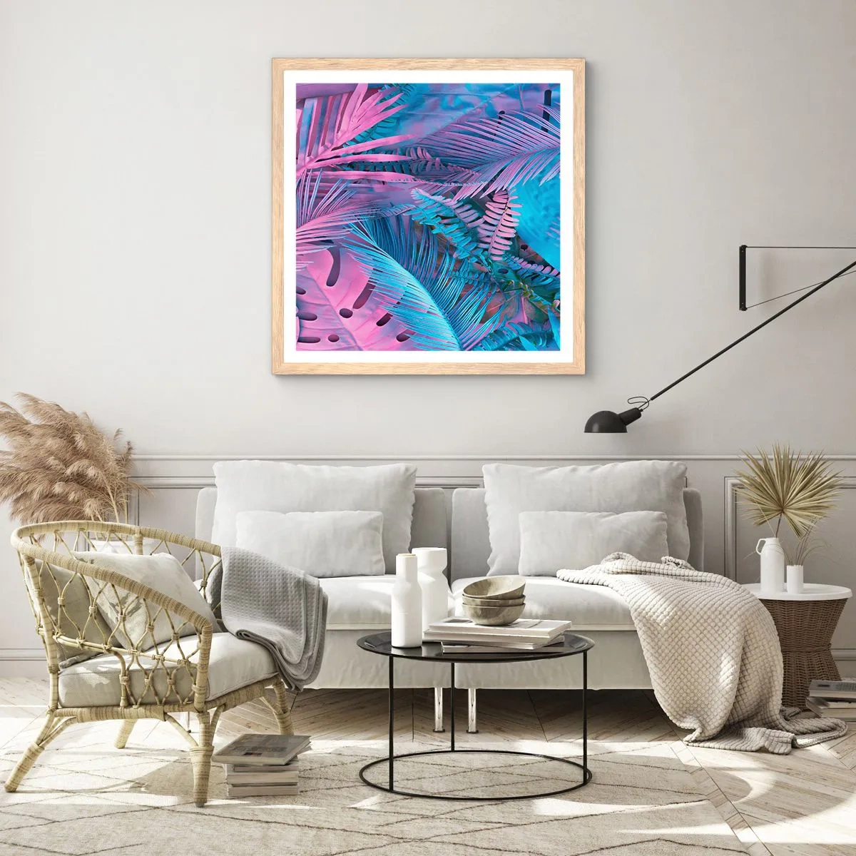Pôster com moldura de carvalho claro - Trópicos em rosa e azul - 30x30 cm