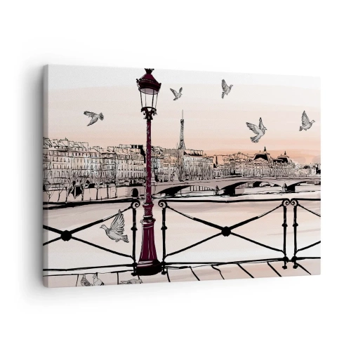 Quadro em tela - Vista parisiense com uma lanterna e uma ponte - 70x50cm - Sobre os telhados de Paris - Decoração de parede moderna para a sala de estar e quarto ARTTOR