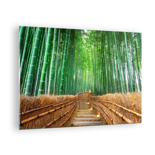 Quadro em vidro - Um caminho na floresta de bambu que leva através das escadas - 70x50cm - A essência da natureza asiática - Decoração de parede moderna para a sala de estar e quarto ARTTOR