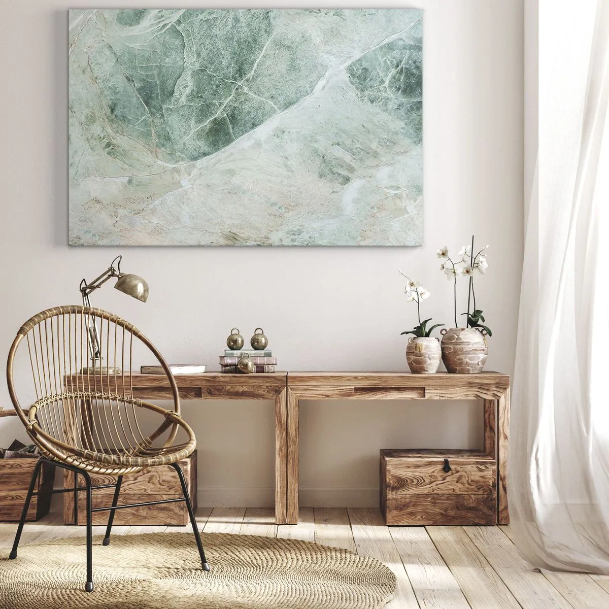 Quadro em tela - Mármore verde com delicados veios brancos - 70x50cm - A nobre frieza da pedra - Decoração de parede moderna para a sala de estar e quarto ARTTOR