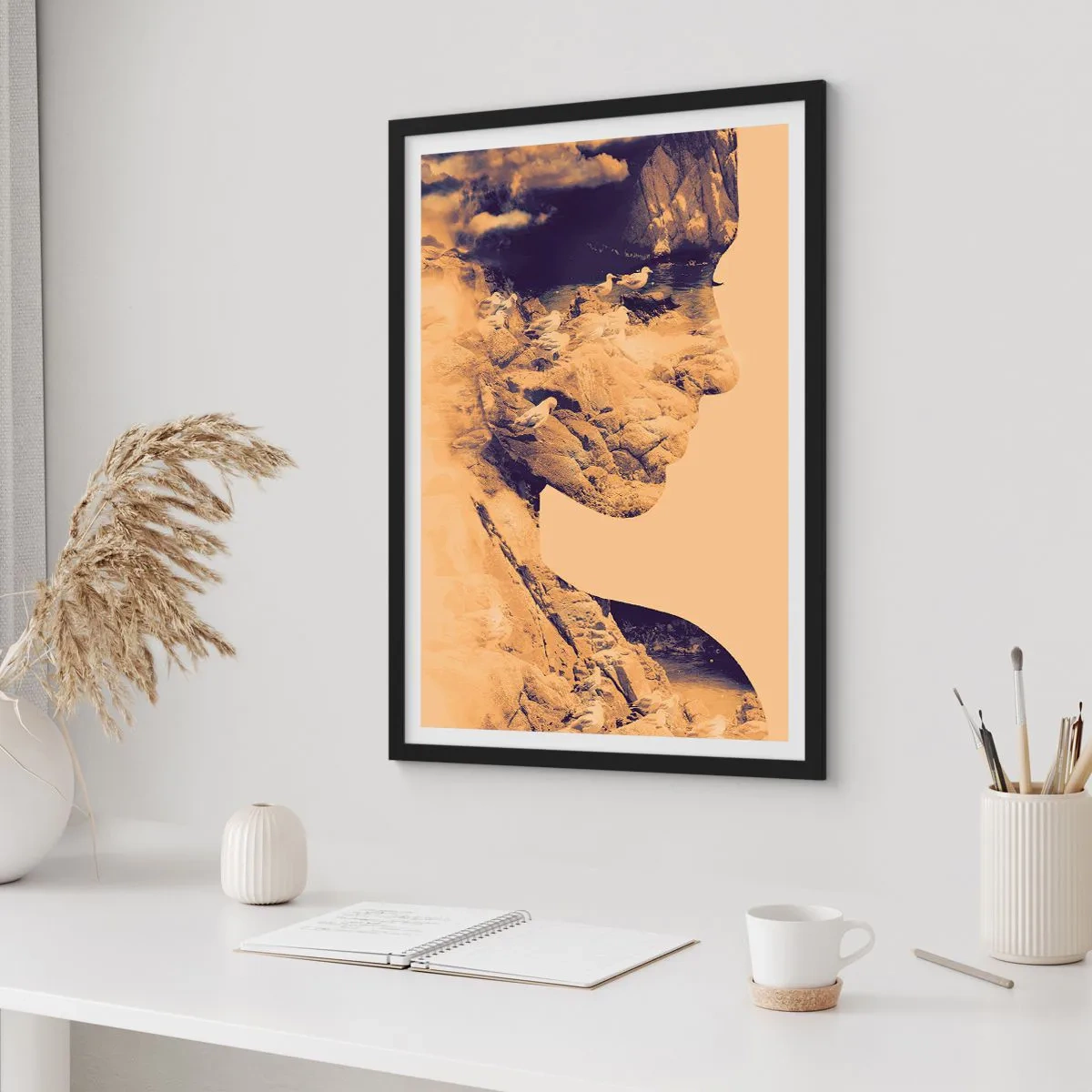Pôster com moldura preta - Retrato com paisagem no estilo de dupla exposição - 50x70cm - Linda por natureza - Decoração de parede moderna para a sala de estar e quarto ARTTOR