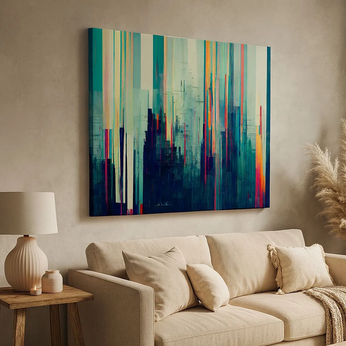 Quadro em tela - Abstração com linhas verticais e um horizonte de cidade - 70x50cm - Cidade futurista - Decoração de parede moderna para a sala de estar e quarto ARTTOR