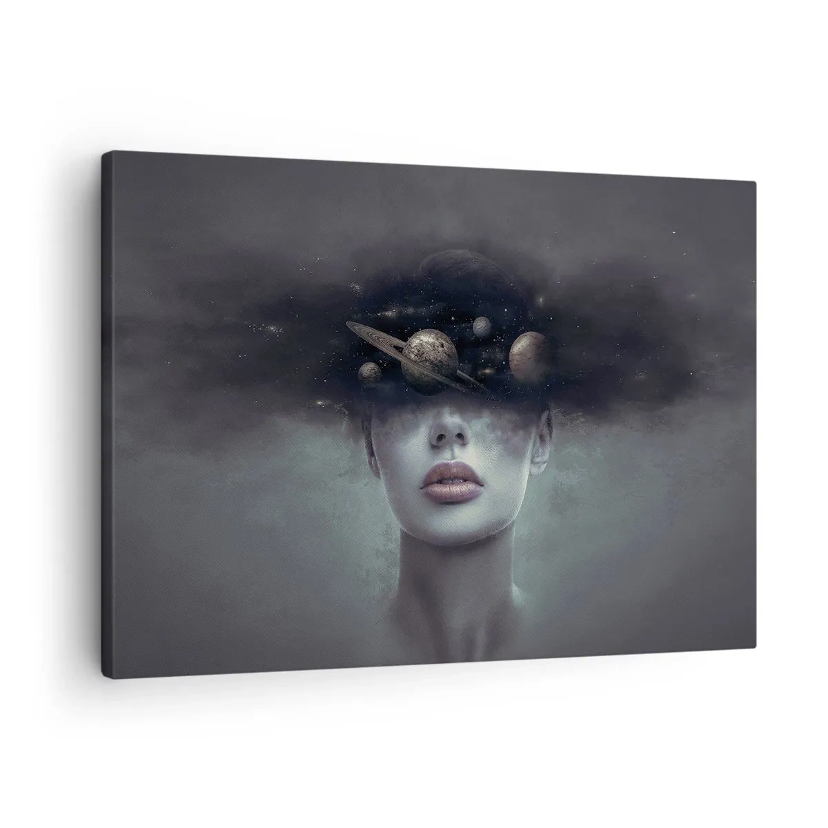 Quadro em tela - Rosto de mulher com um motivo planetário e espacial ao fundo - 70x50cm - E os planetas estão a enlouquecer... - Decoração de parede moderna para a sala de estar e quarto ARTTOR