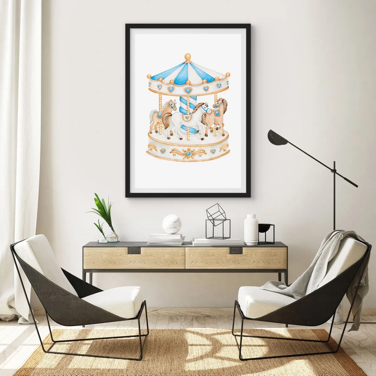 Pôster com moldura preta - Carrossel de aquarela em tons pastéis de azul e dourado - 50x70cm - Doce infância - Decoração de parede moderna para a sala de estar e quarto ARTTOR