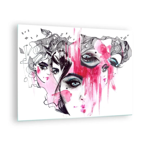 Quadro em vidro - Rostos femininos abstratos com detalhes em rosa em estilo de esboço. - 70x50cm - Olhos abstratos - Decoração de parede moderna para a sala de estar e quarto ARTTOR