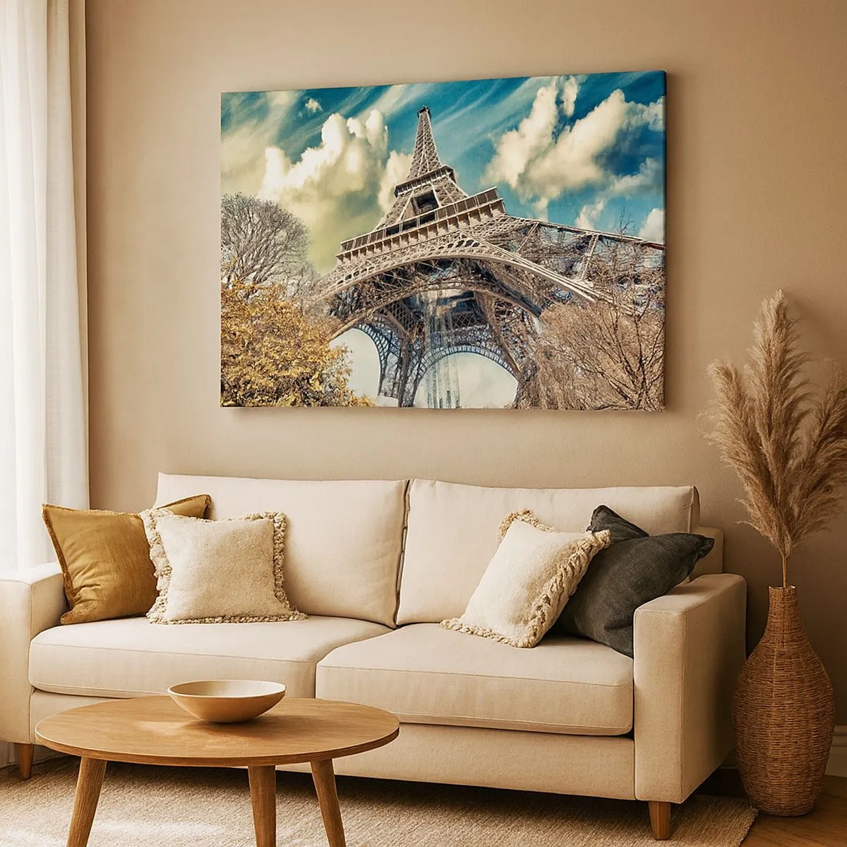 Quadro em tela - A Torre Eiffel vista de baixo em um cenário outonal - 70x50cm - E no outono em Paris... - Decoração de parede moderna para a sala de estar e quarto ARTTOR