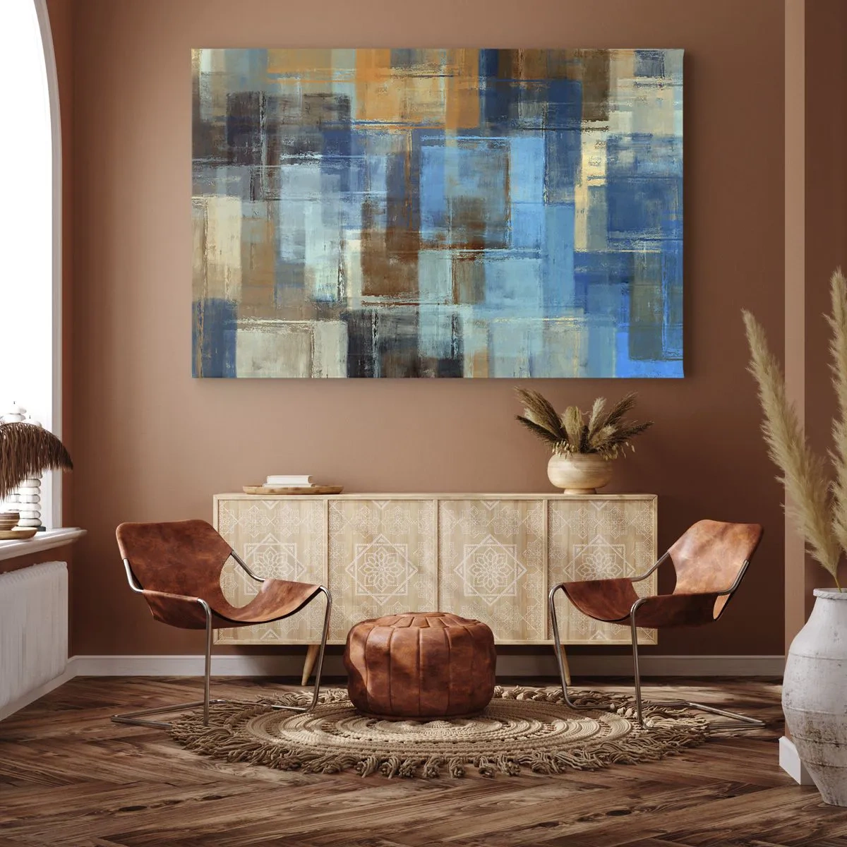 Quadro em tela - Composição geométrica abstrata em tons de azul e marrom - 70x50cm - Através da cortina azul - Decoração de parede moderna para a sala de estar e quarto ARTTOR