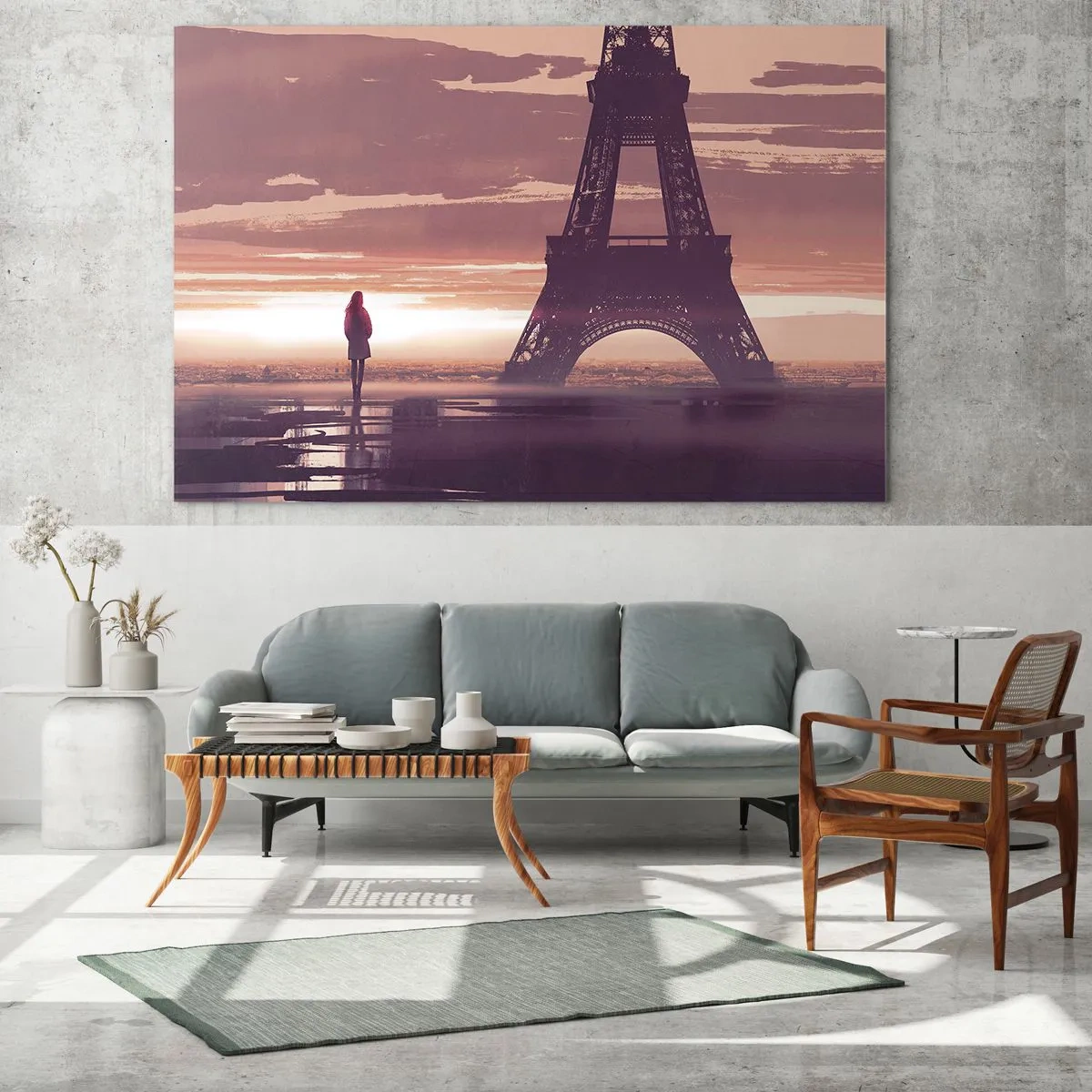 Quadro em vidro - A Torre Eiffel ao pôr do sol com a silhueta de uma pessoa - 70x50cm - Só elas as duas - Decoração de parede moderna para a sala de estar e quarto ARTTOR