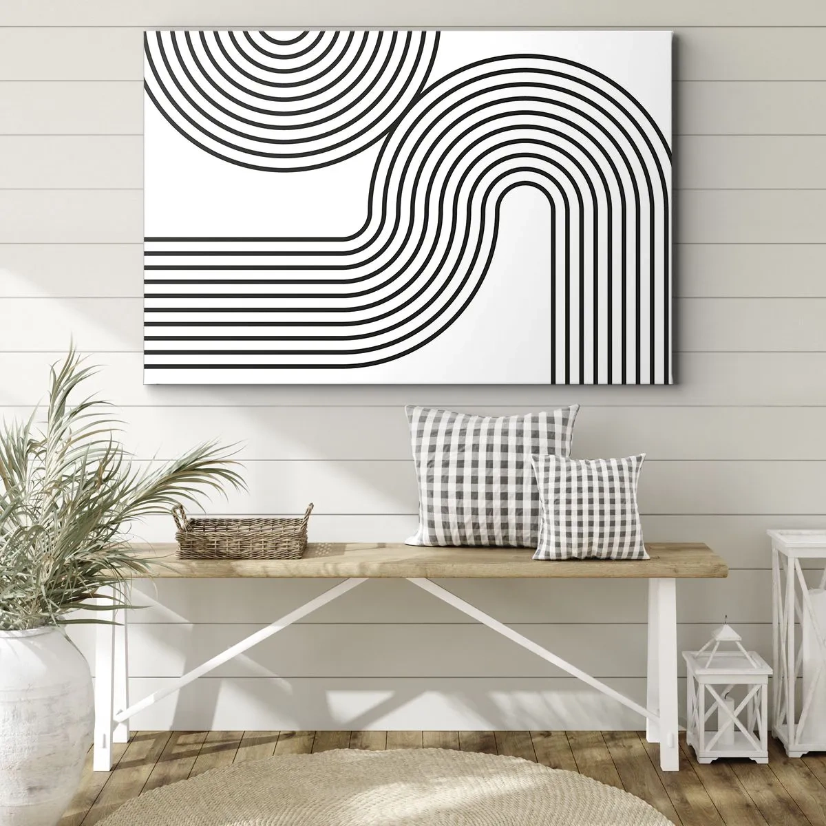 Quadro em tela - Uma pintura abstrata com linhas pretas criando padrões geométricos em um fundo branco. - 70x50cm - Na curva - Decoração de parede moderna para a sala de estar e quarto ARTTOR