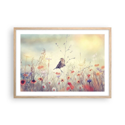 Pôster com moldura de carvalho claro - Retrato de um pássaro com um prado no fundo - 70x50 cm