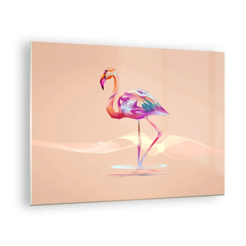 Quadro em vidro - Flamingo colorido em fundo pastel - 70x50cm - A ave das boas emoções - Decoração de parede moderna para a sala de estar e quarto ARTTOR